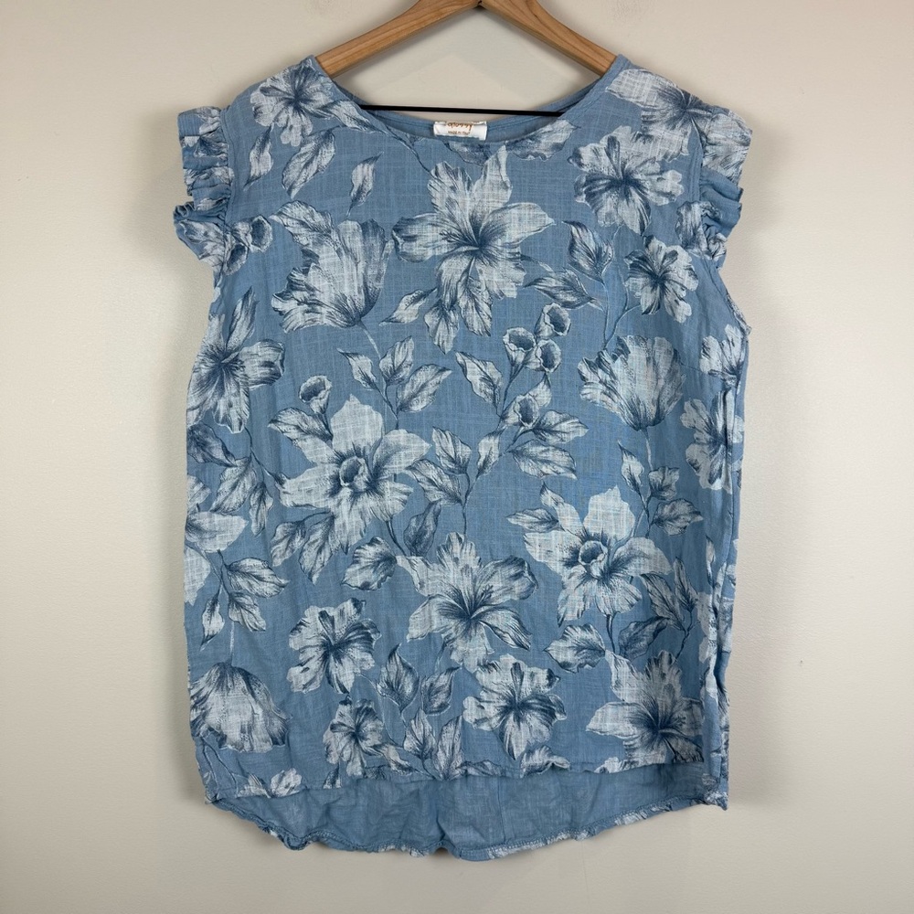 Glossy Top Women L Blue Floral Print Flutter Sleeve Button Back High-Low Hem‎